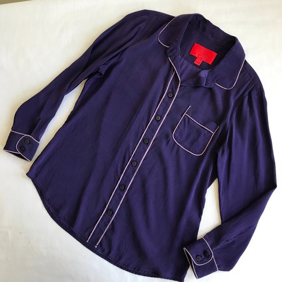 Zac Posen Tops - Y2K Vntg Zac Posen Z Spoke 10 Stretch Silk Purple Blouse Peter Pan Collar Piping